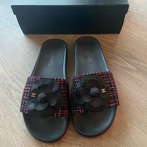 Chanel tweed black pink mules with box and bag